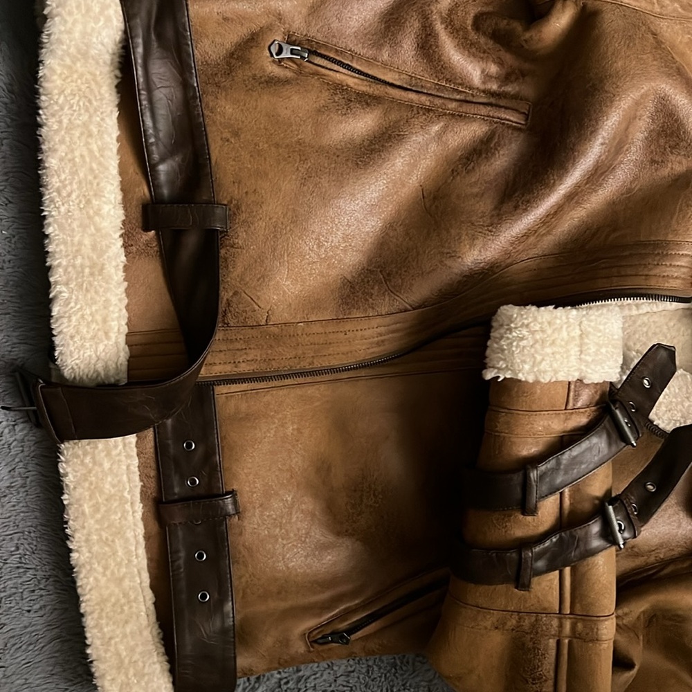Zara Men's Brown Shearling Leather Jacket - Picture 7 of 9